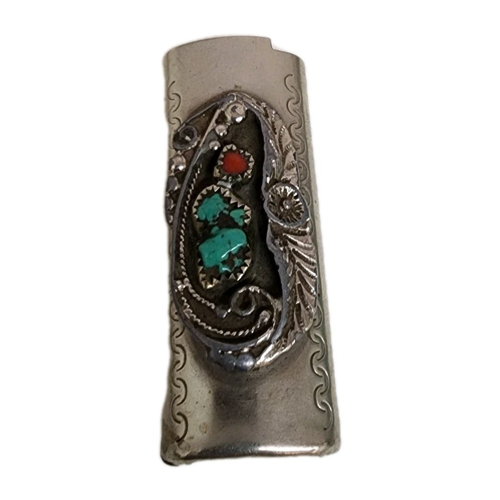 ESCO Nickel Silver Turquoise Lighter Case Southwestern Sleeve 3"